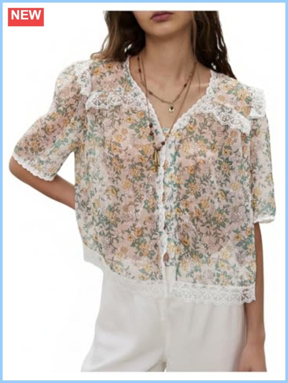 SweatyRocks Polyester Sheer Lace Trim Floral Button Down Boho Blouse